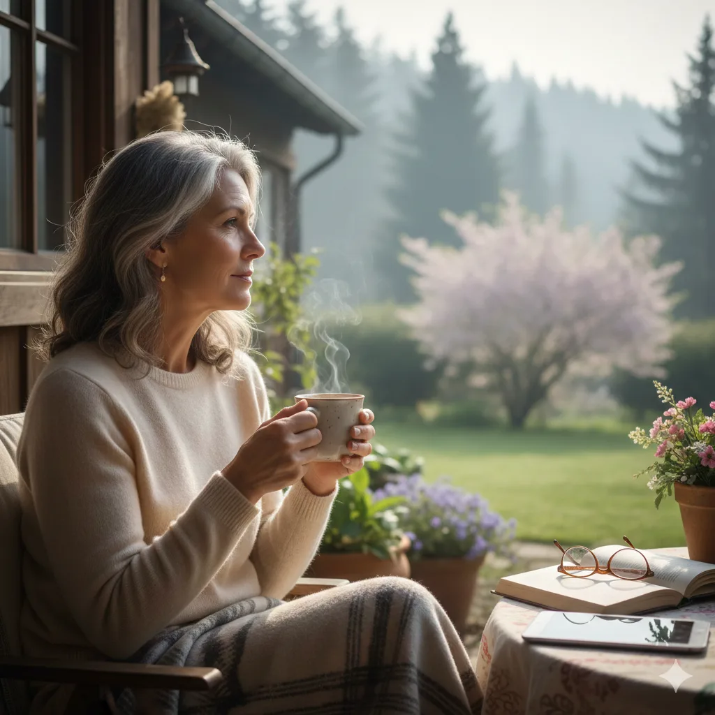 Woman enjoying a warm drink outdoors while reflecting on starting over in creative life, surrounded by nature and morning light