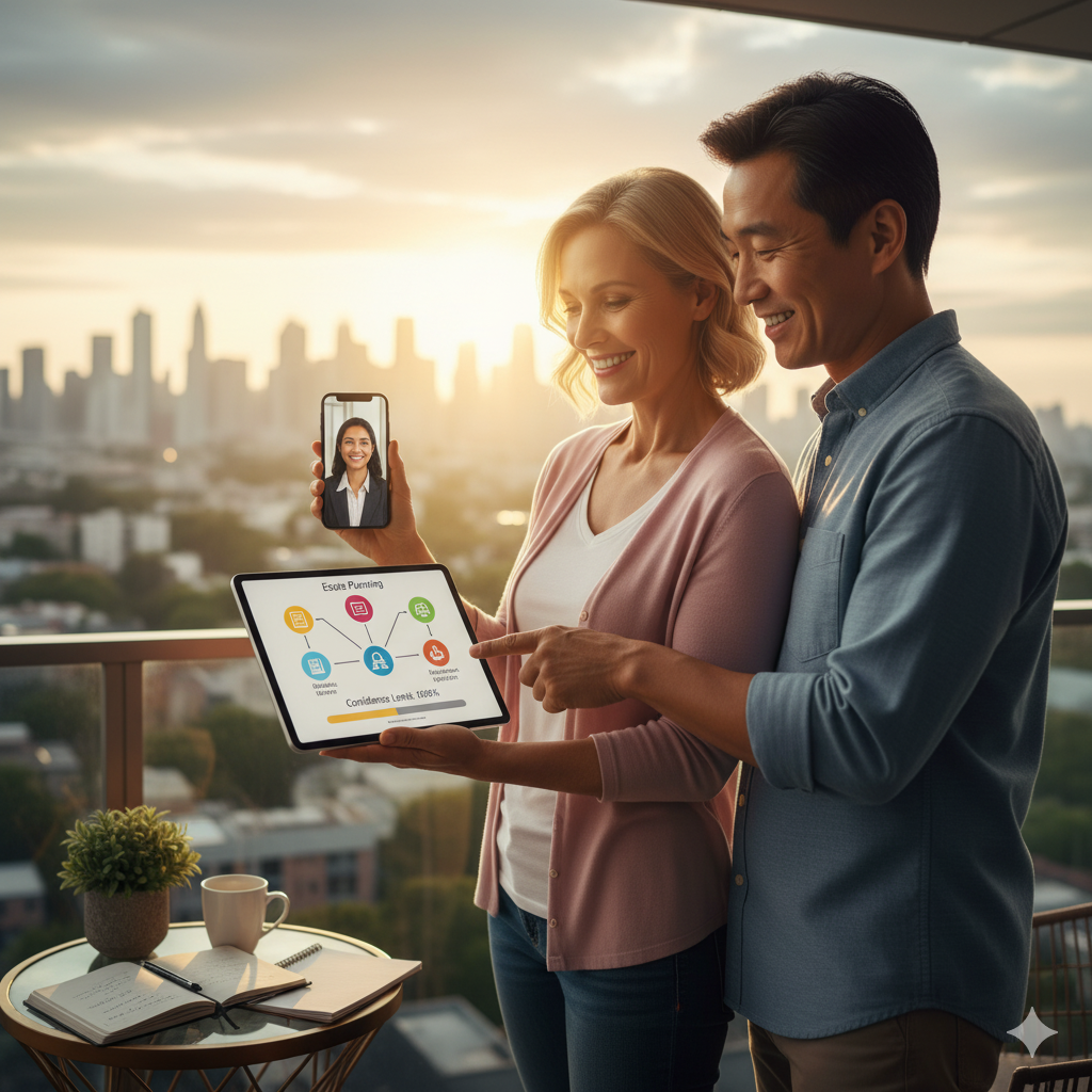 A smiling couple consults a LegalShield advisor through video chat while reviewing estate planning documents on a tablet, symbolizing legal clarity and confidence.