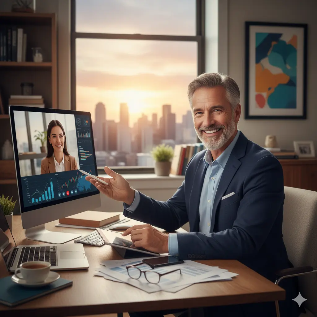 “Midlife professional on a video call in a home office with city skyline at sunset, discussing charts and business data on the computer screen.”