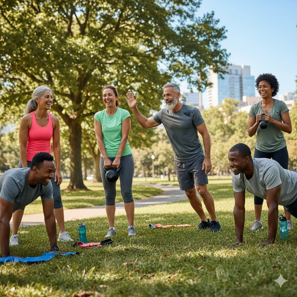 Midlife adults boosting creative energy through outdoor group fitness, laughing and exercising together in a park.