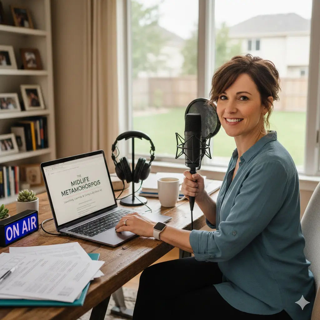 Woman recording a podcast at her home desk, representing the midlife creator movement and the rise of creative work after 50