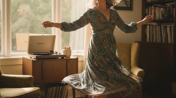 “Joyful midlife woman dancing barefoot in her living room near a record player, sunlight streaming through large windows.”
