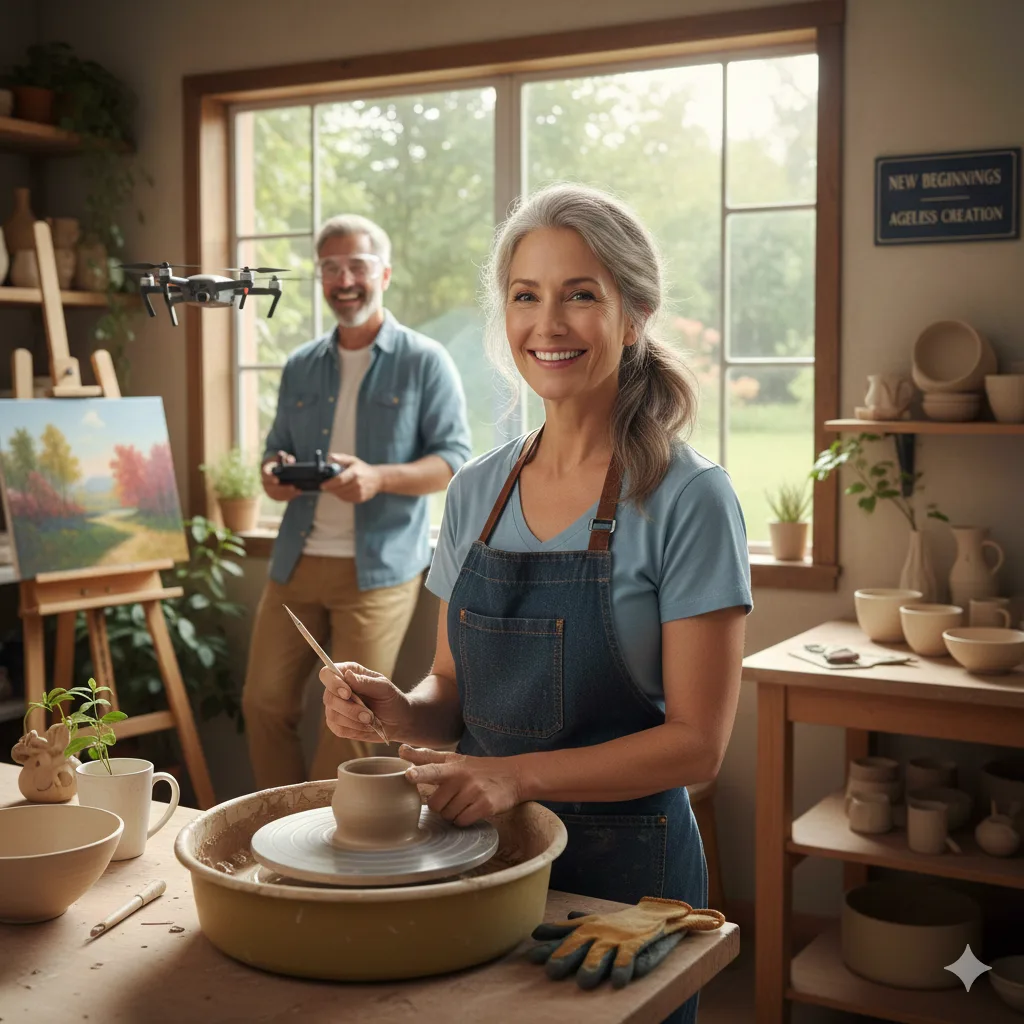 Woman learning pottery in a creative studio while a man flies a drone in the background, symbolizing exploring new career paths