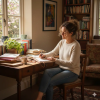 Woman writing in a journal at home as she explores creative reinvention after 40