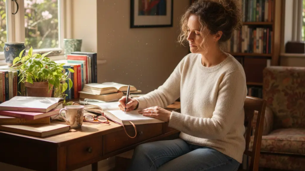 Woman writing in a journal at home as she explores creative reinvention after 40