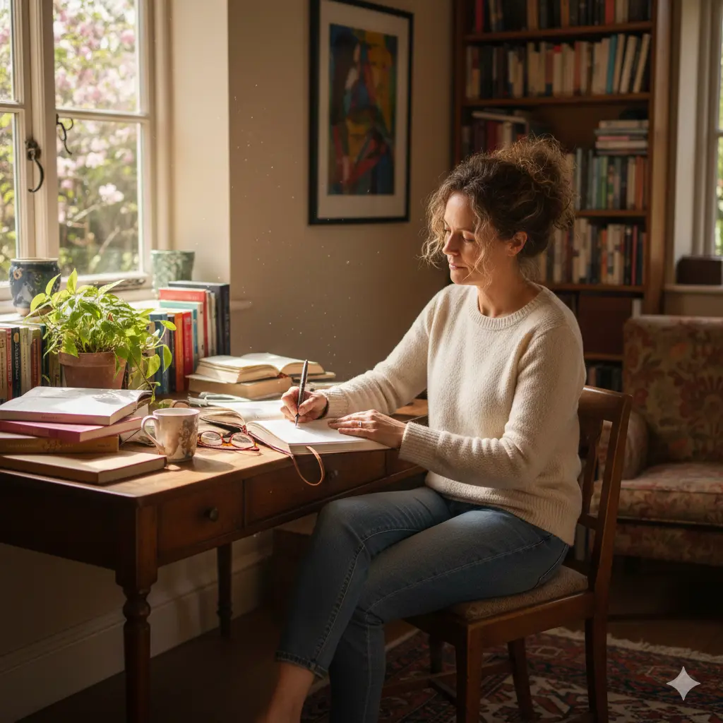 Woman writing in a journal at home as she explores creative reinvention after 40