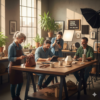 Group of midlife creators working in a studio with photography, design, and handmade crafts, showing modern creative teamwork.