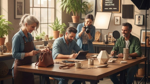 Group of midlife creators working in a studio with photography, design, and handmade crafts, showing modern creative teamwork.
