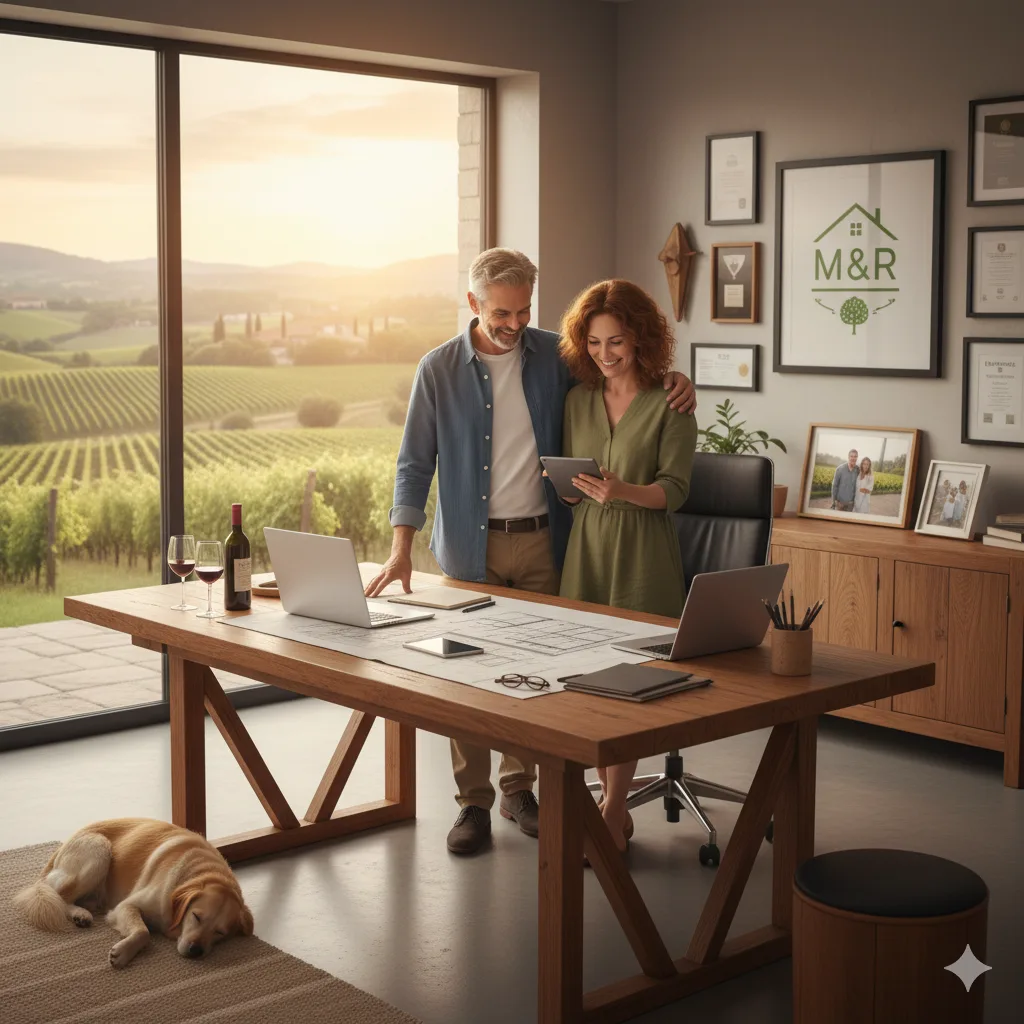 Middle-aged creative couple working together in a modern home office overlooking vineyards, smiling while reviewing a project on a tablet with their dog resting nearby.