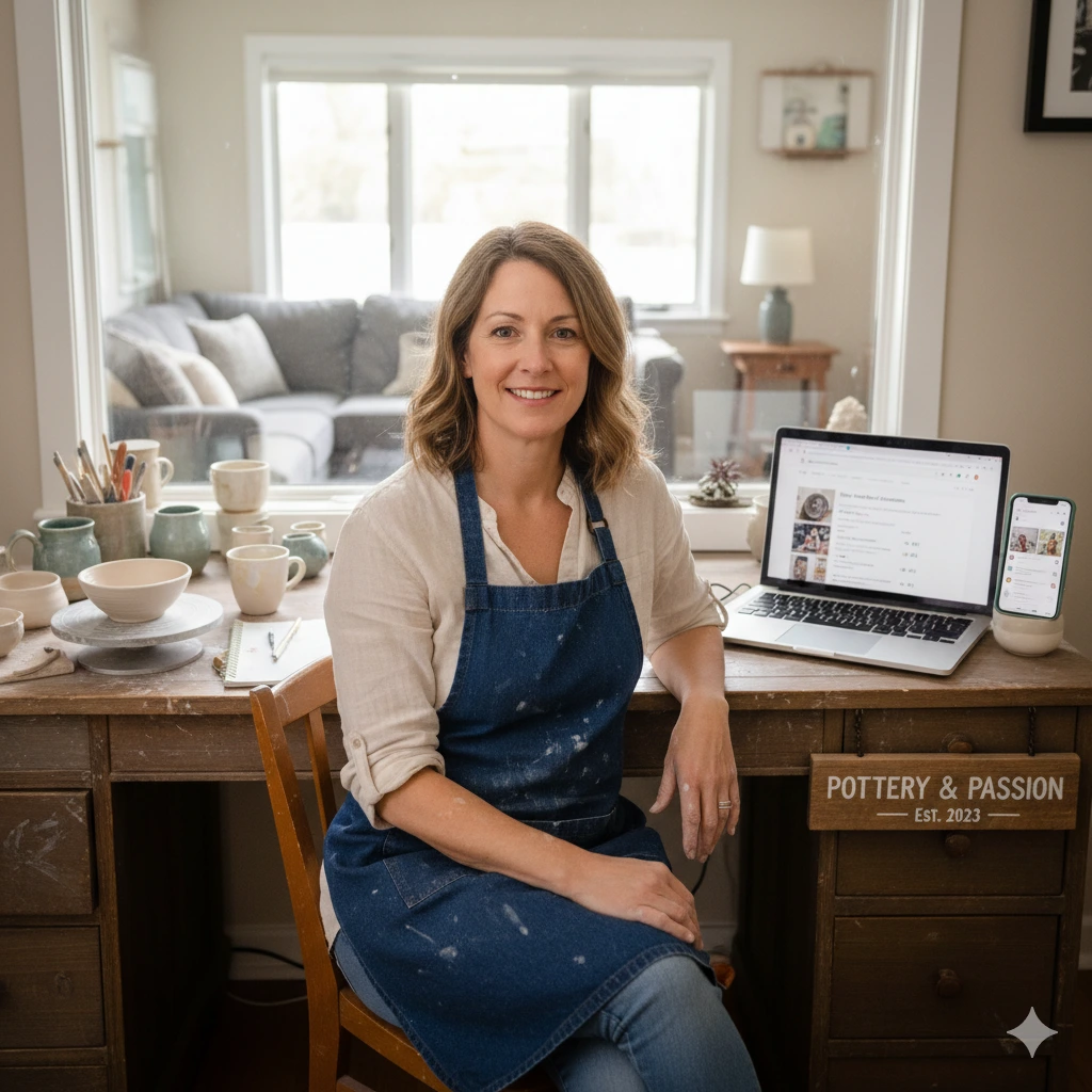 Woman potter sitting at her home studio desk wearing a blue apron, surrounded by handmade pottery with a laptop and phone displaying her online shop.