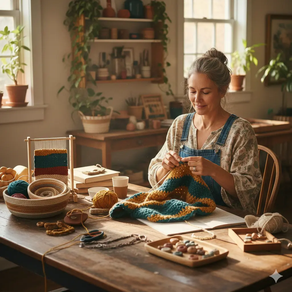 Woman crafting at a cozy table, reflecting the handmade creativity behind the modern zine comeback