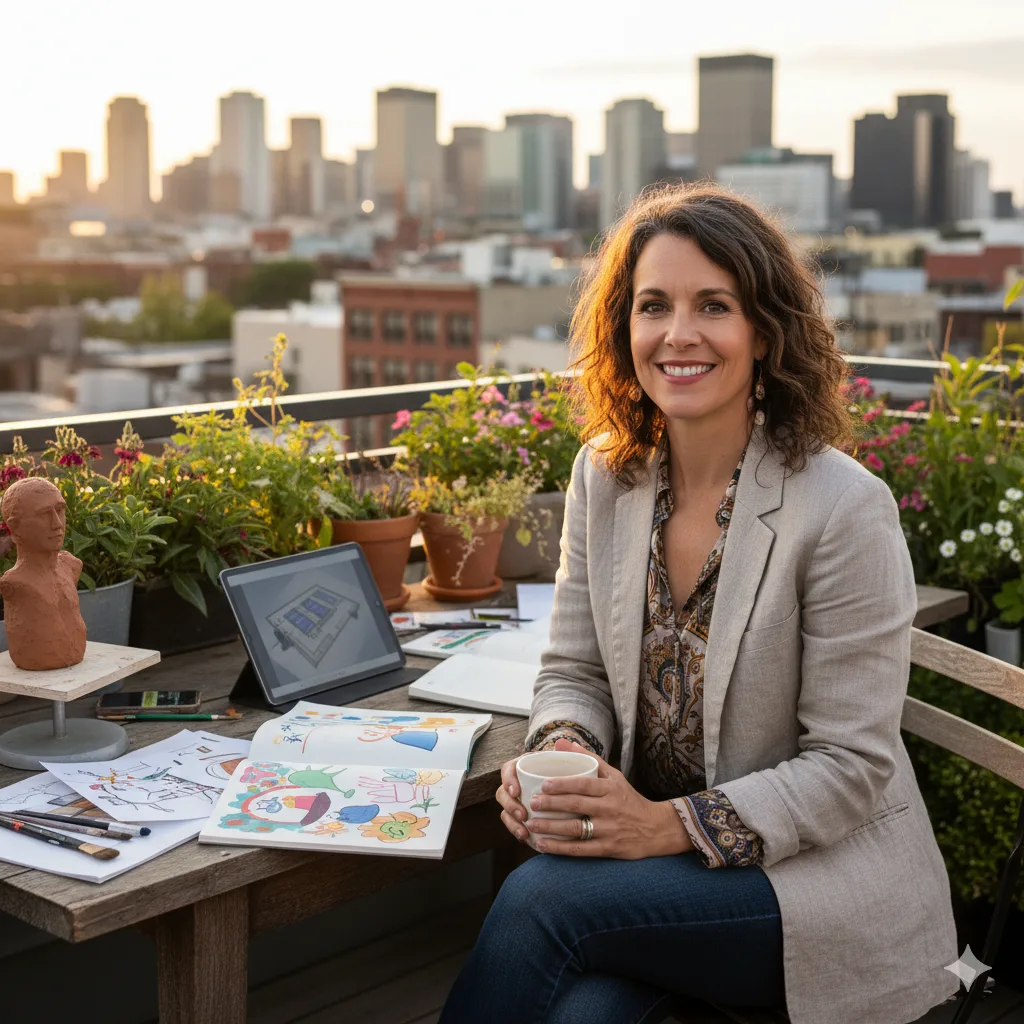 “Confident woman in her 40s sitting on a rooftop with art supplies and sketches, symbolizing midlife creativity and new beginnings.”