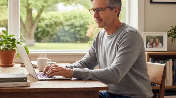 “Middle-aged man working on a laptop at a wooden table in a bright home office with family photos and a garden view.”
