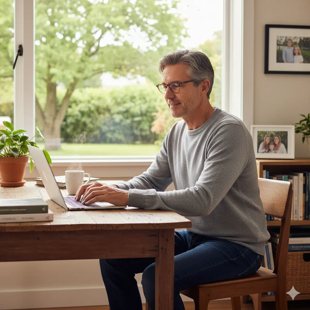 “Middle-aged man working on a laptop at a wooden table in a bright home office with family photos and a garden view.”