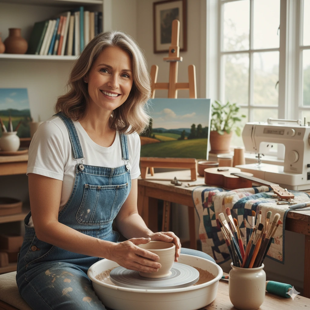 “Smiling midlife woman in denim overalls shaping clay on a pottery wheel in her creative home studio.”