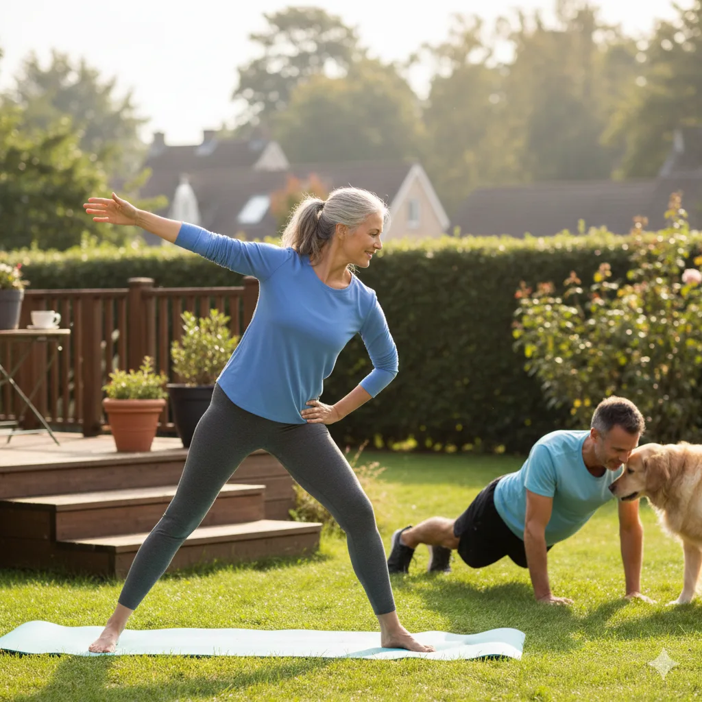 Active couple exercising outdoors with their dog, enjoying a healthy midlife minimalism lifestyle in a peaceful backyard