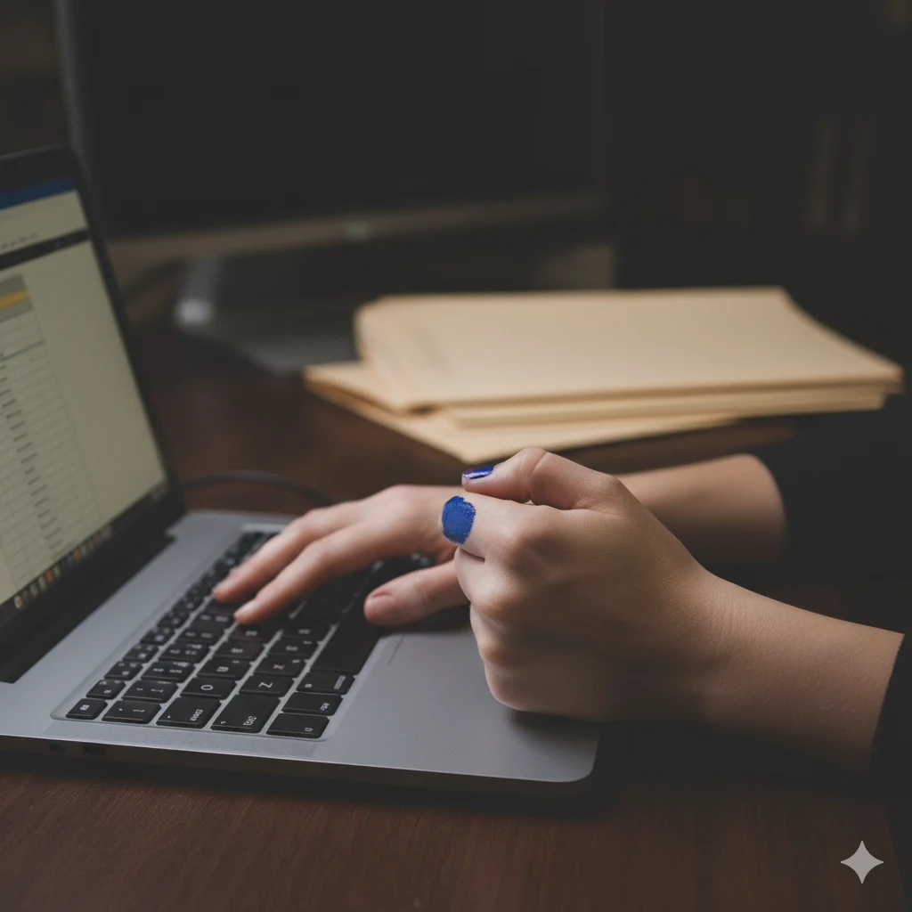 Close-up of a woman’s hands typing on a laptop while preparing to quit her job to paint and start her creative business.