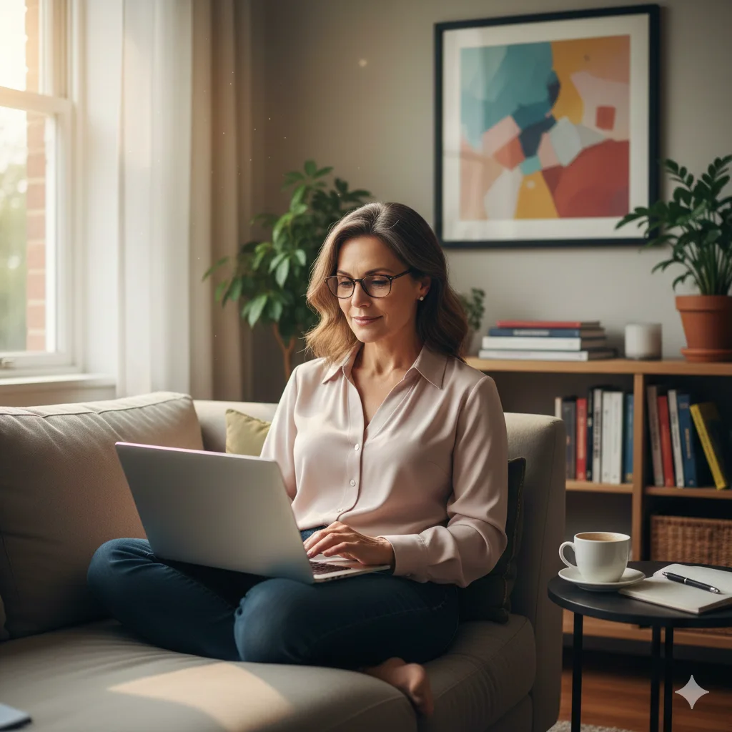 Woman working on a laptop at home while researching legal confidence for creatives