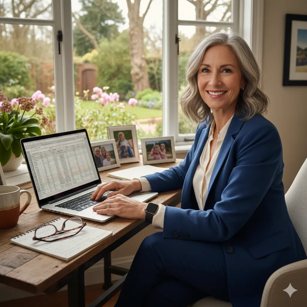 “Smiling midlife professional woman working on a laptop at home, seated by a window with family photos and spreadsheets on the screen.”