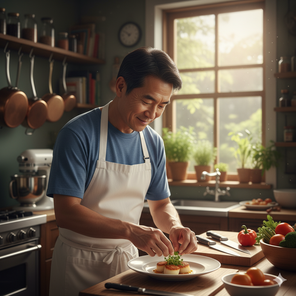 : Man practicing weird hobbies after 40 by cooking and exploring creative hobbies in the kitchen.