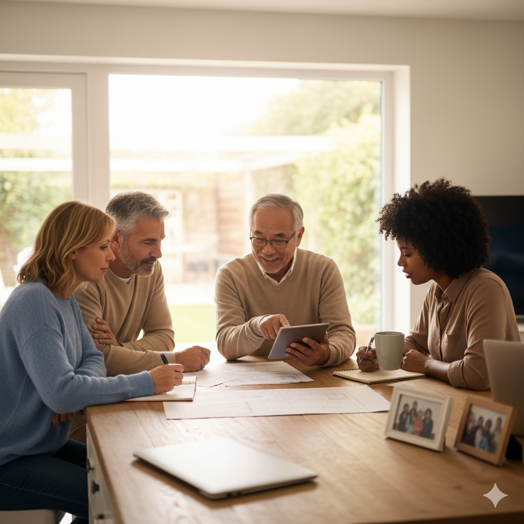 A diverse group of middle-aged professionals sitting around a kitchen table discussing legal and financial plans with a tablet and paperwork, symbolizing affordable protection for real life.