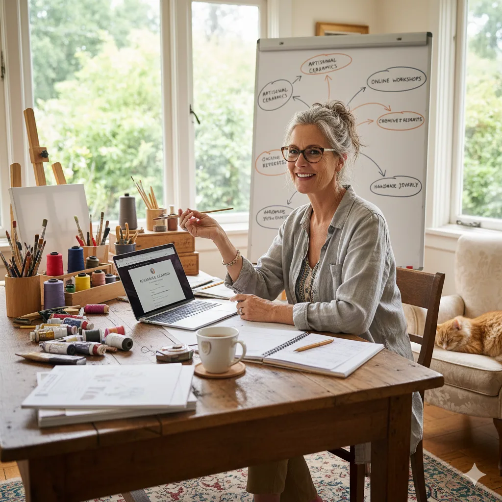 “Midlife creative woman planning her craft business at a home studio table with art supplies, laptop, and a workshop mind map behind her.”