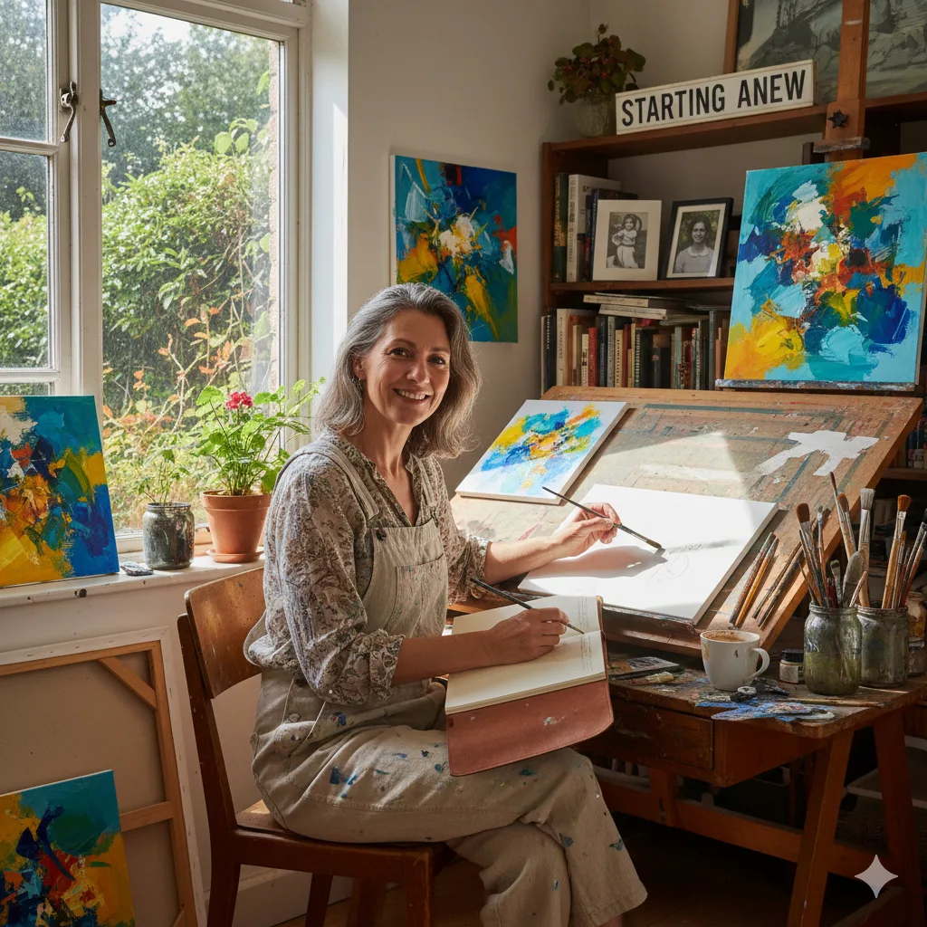 Woman painting in a bright art studio filled with colorful abstract artwork, symbolizing starting over in creative life