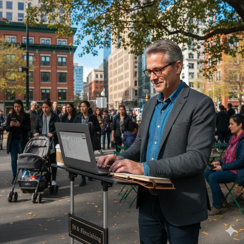 Midlife professional working on a laptop outdoors, symbolizing creativity after crisis and new beginnings in career reinvention.