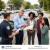A group of smiling adults stands on a street as a man shows a police officer his phone, symbolizing LegalShield’s fast legal support and peace of mind without the panic.