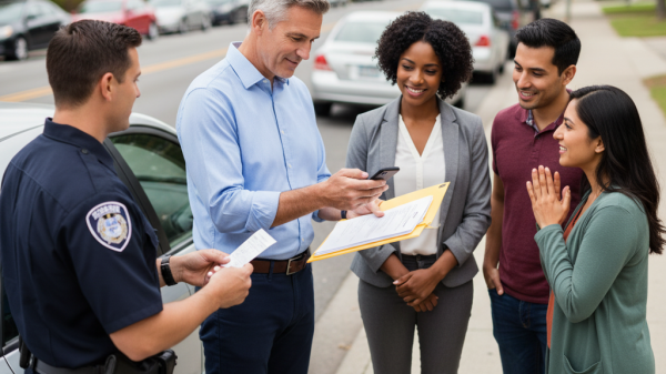 A group of smiling adults stands on a street as a man shows a police officer his phone, symbolizing LegalShield’s fast legal support and peace of mind without the panic.
