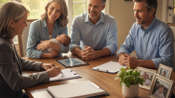 A professional advisor meets with a happy family and their newborn to discuss wills and estate planning, showcasing LegalShield’s support for planning the future with confidence.