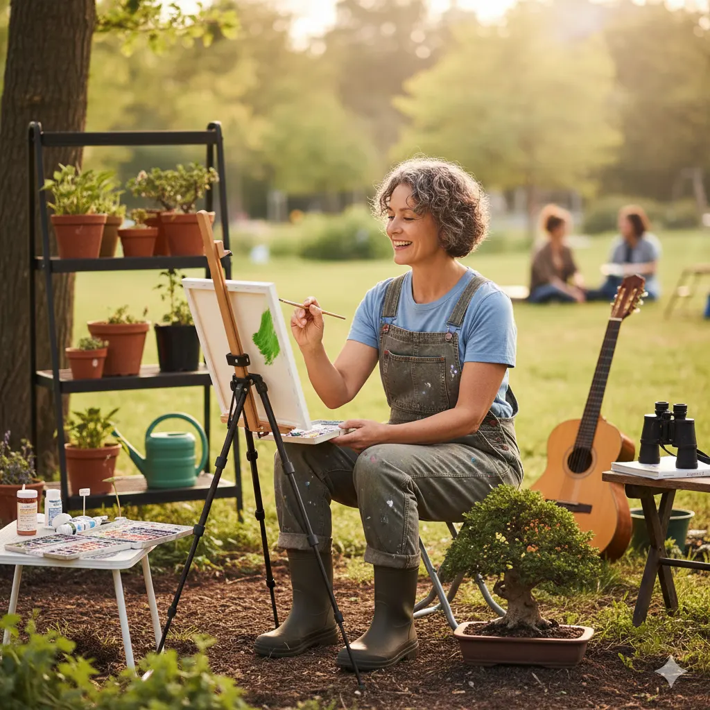 “Woman enjoying creative outdoor painting after quitting corporate to create a more artistic and meaningful life.”
