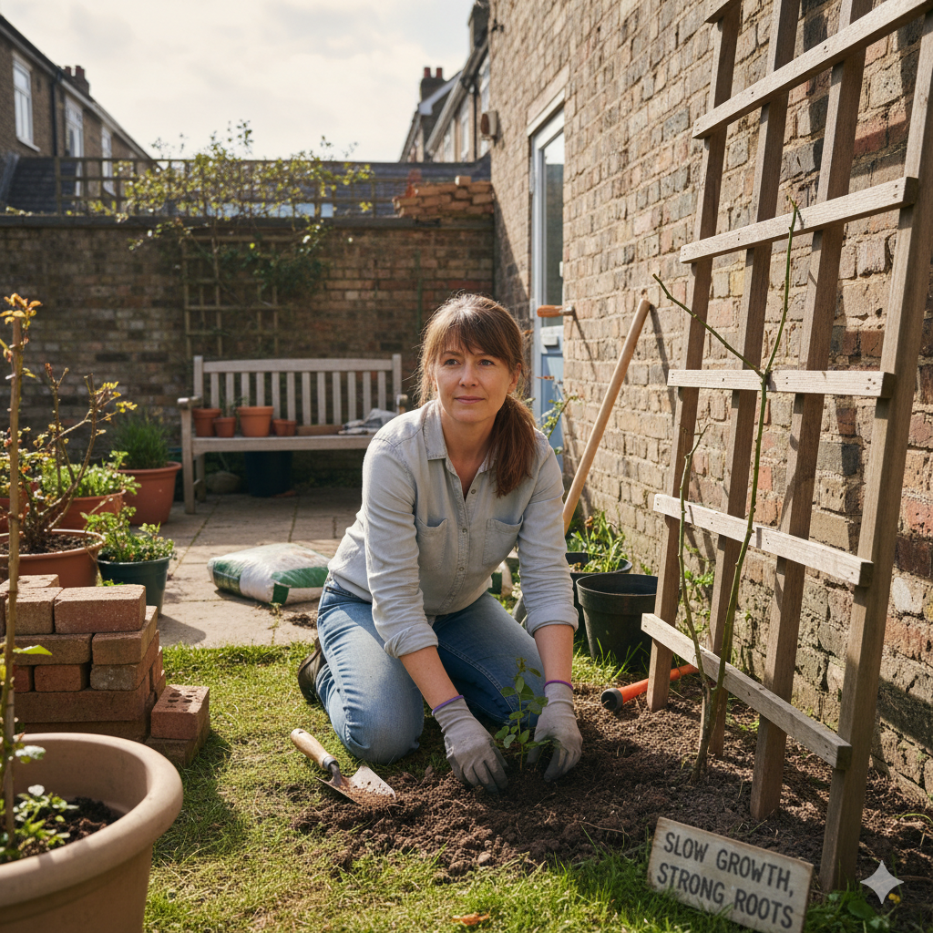 A woman kneels in her backyard garden planting a small shrub beside a wooden trellis, surrounded by pots and gardening tools.