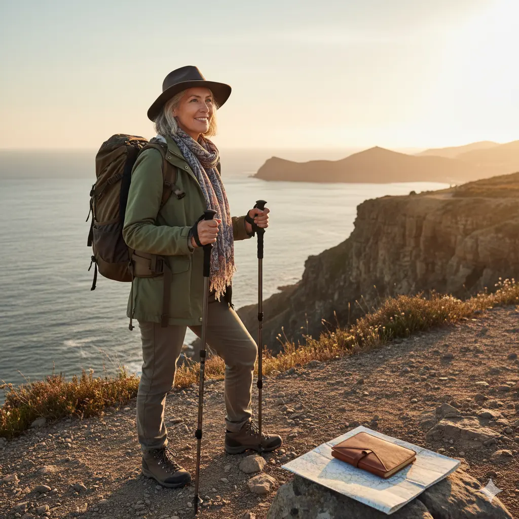 “Woman enjoying midlife reinvention while hiking along a coastal cliff at sunset.”