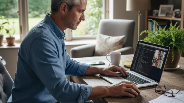“Midlife creative professional setting up his business from a home studio using a laptop during a video call.”