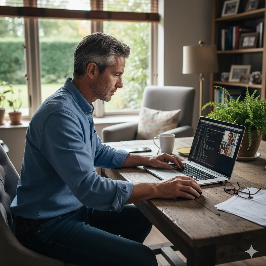 “Midlife creative professional setting up his business from a home studio using a laptop during a video call.”
