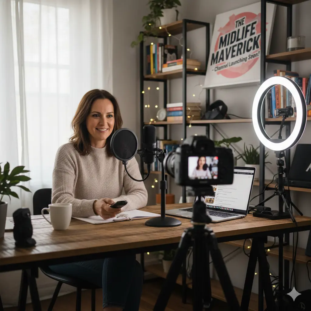 Woman filming content with a camera and microphone in a home studio, representing the midlife creator movement and the rise of creators over 50