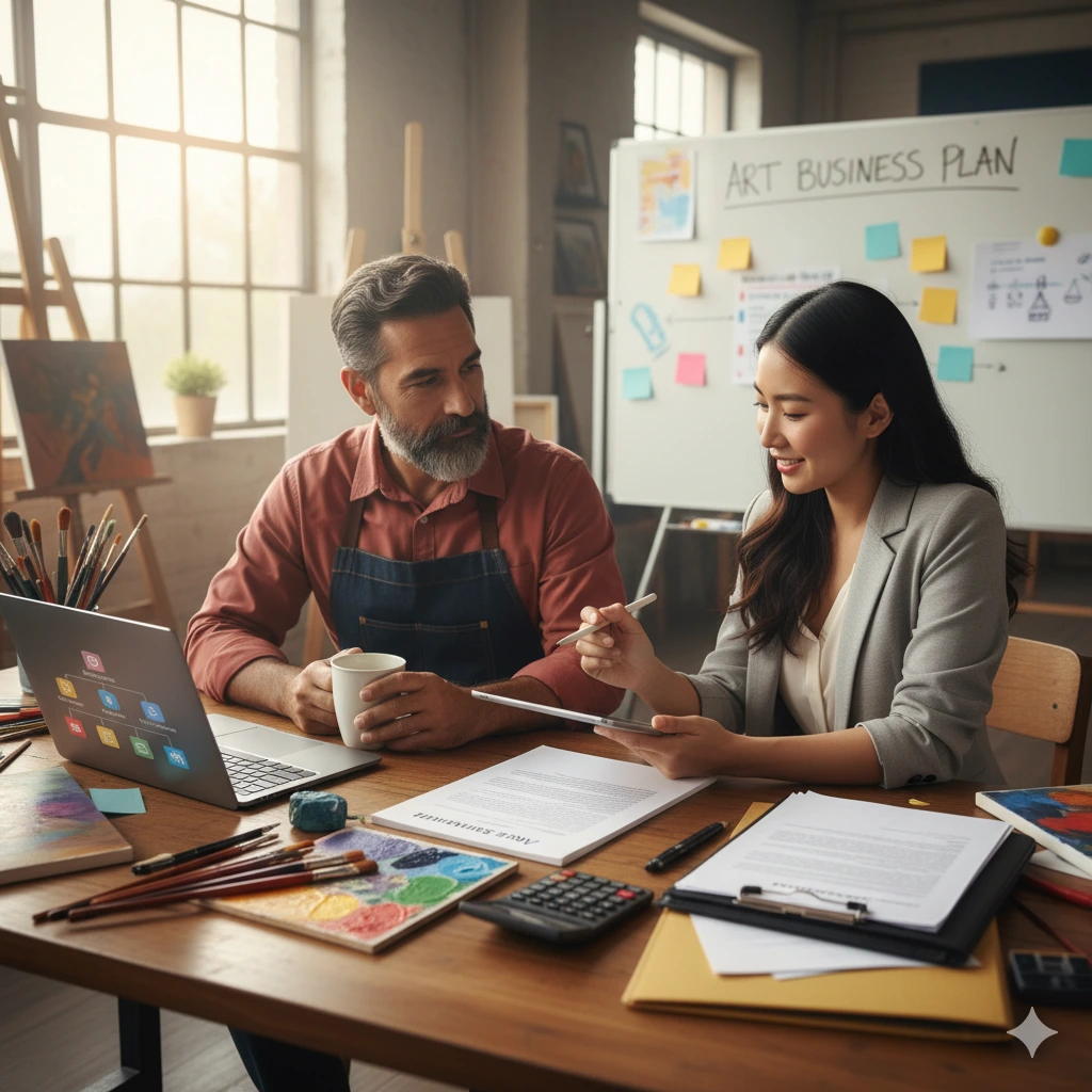 Creative entrepreneur learning legal tips every creative should know while building an art business plan with legal guidance.