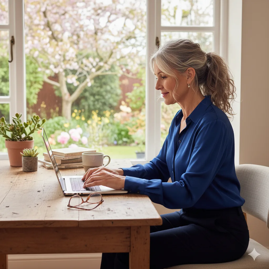 Woman working on a laptop at a wooden table while writing a creative contract template at home