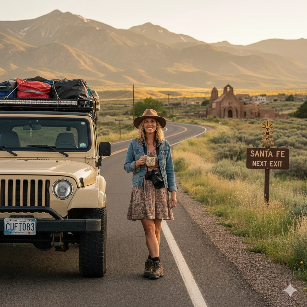 Woman enjoying an offbeat road trip after 40 on the road to Santa Fe, capturing scenic views and midlife adventure moments.