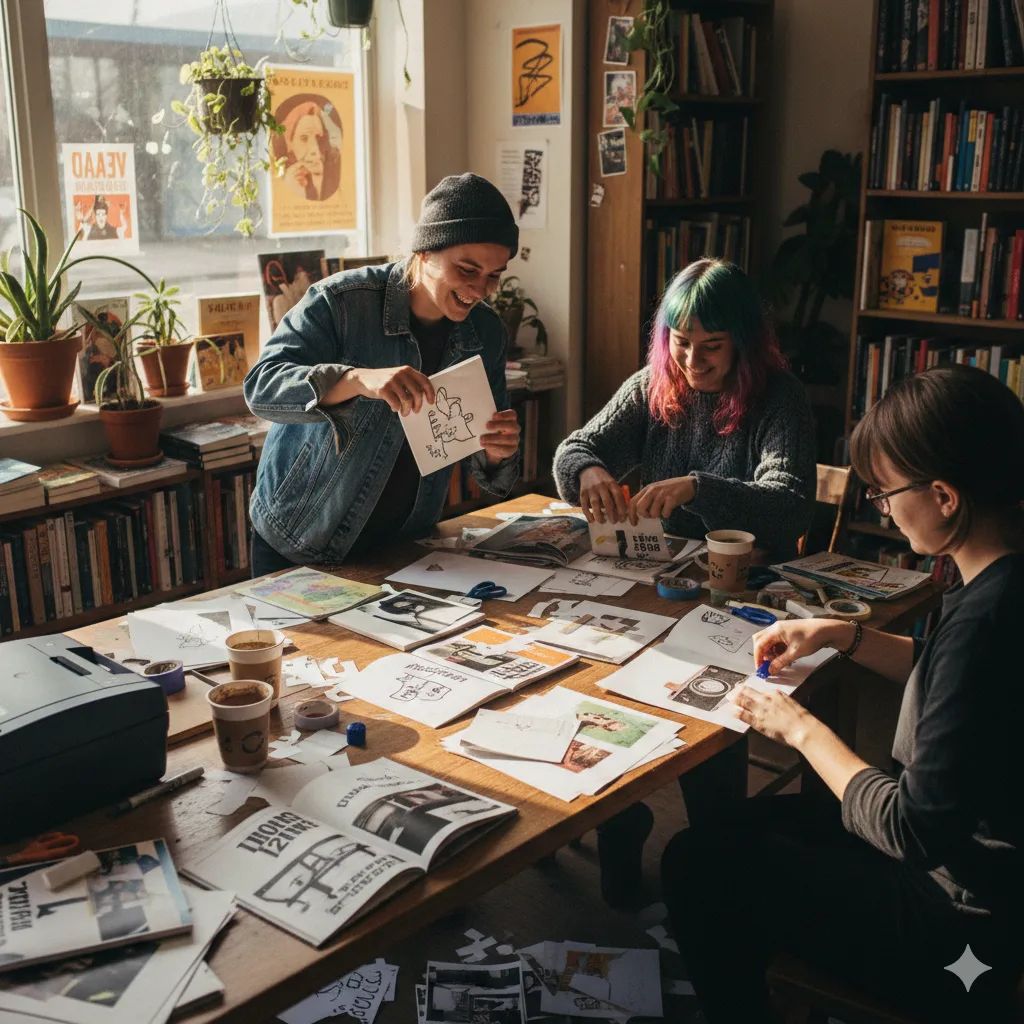 Group of young creatives making handmade zines together at a table in a cozy studio