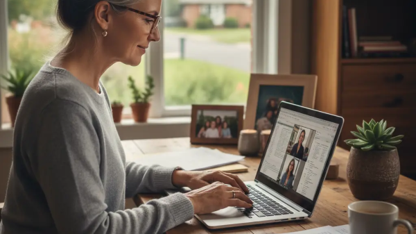 Woman working on a laptop at home, reflecting creative nostalgia reimagined through modern digital creativity
