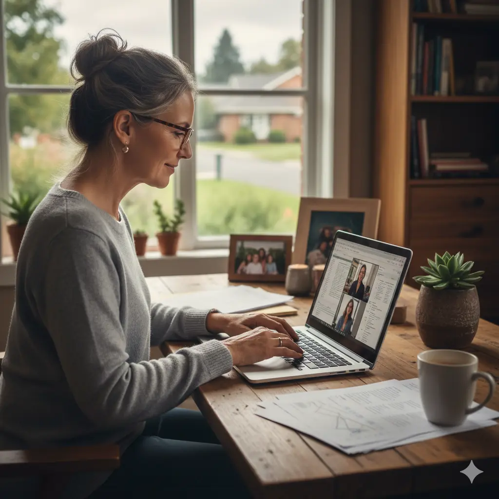 Woman working on a laptop at home, reflecting creative nostalgia reimagined through modern digital creativity