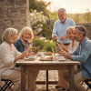 Group of midlife friends enjoying coffee outdoors while using smartphones and a selfie stick together at a wooden table.