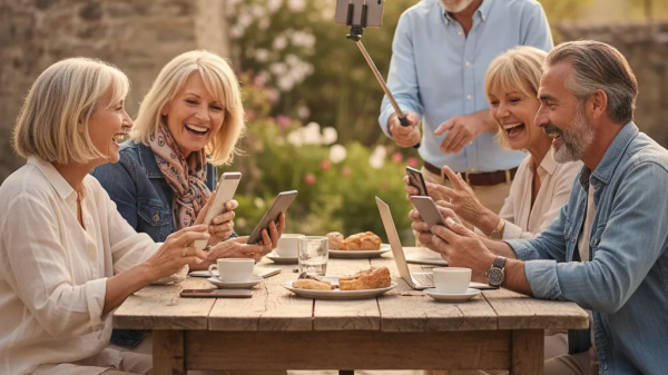 Group of midlife friends enjoying coffee outdoors while using smartphones and a selfie stick together at a wooden table.