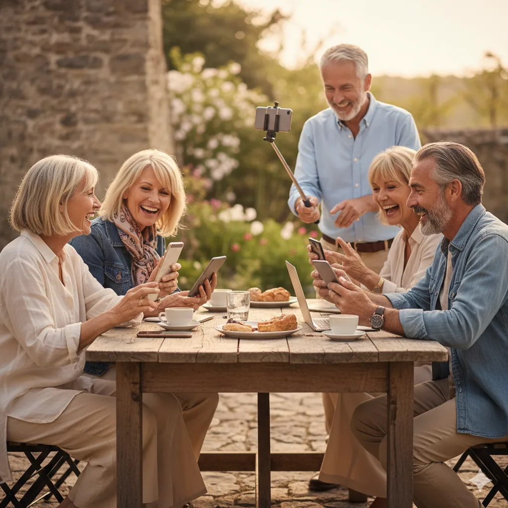 Group of midlife friends enjoying coffee outdoors while using smartphones and a selfie stick together at a wooden table.