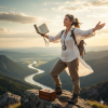 “Joyful woman in her 40s standing on a mountain peak with a book, celebrating freedom and self-discovery after 40.”