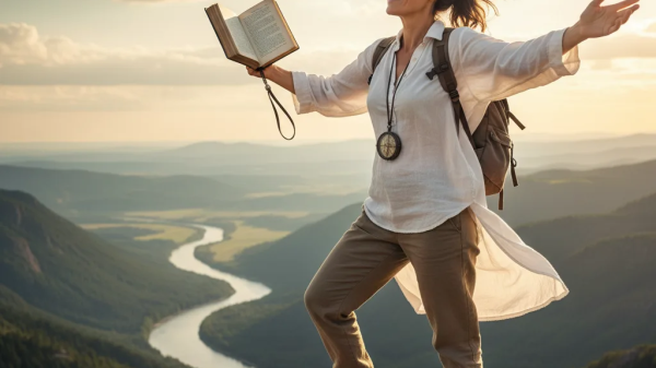 “Joyful woman in her 40s standing on a mountain peak with a book, celebrating freedom and self-discovery after 40.”