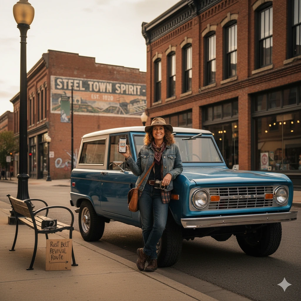 Traveler exploring the Rust Belt Revival Route during an offbeat road trip after 40, discovering art and culture in a historic town.