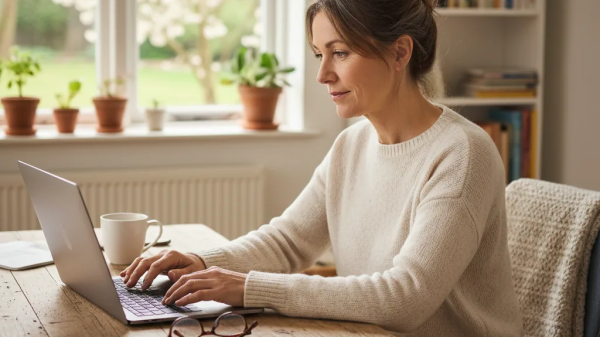 “Creative entrepreneur working from home while researching legal guidance online.”